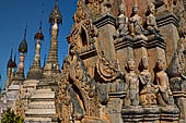 Elaborate figures carved in stucco decorate the ancient stupas, Kakku Buddhist Ruins. Shan State in Myanmar (Burma). 
